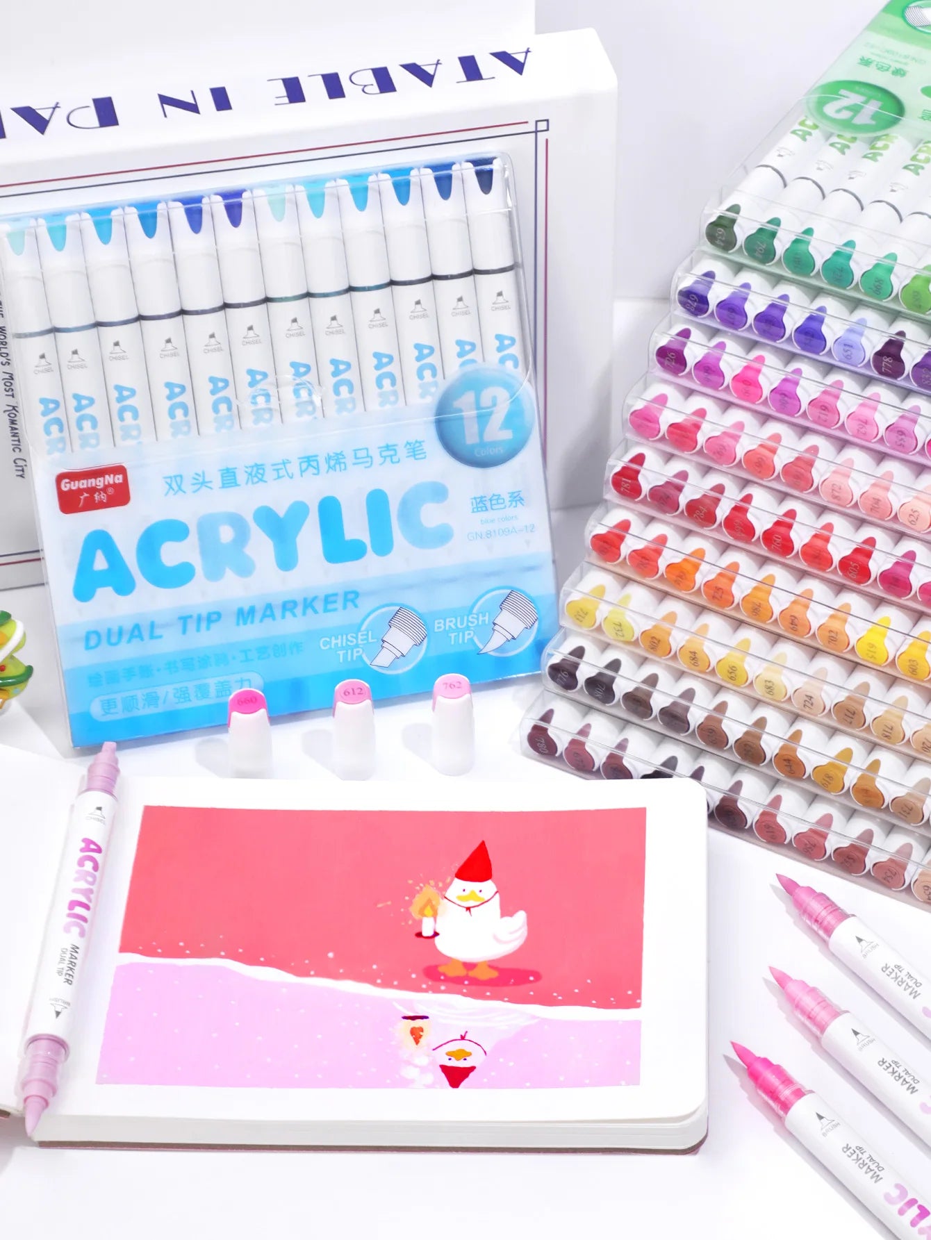 GN 12 Colors Dual Tip Acrylic Paint Markers Set Waterproof Quick Dry Art Marker Pen for Drawing Graffiti DIY Art Supplies Qme