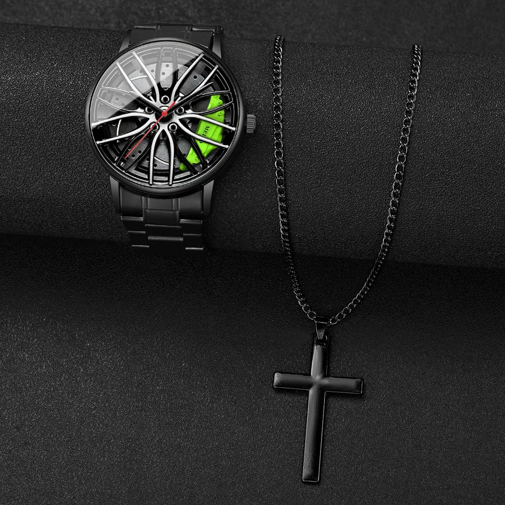 2 Pcs Fashion Men's Watches 3d Car Wheel Casual Sports Watch Stainless Steel Band Men's Wrist Watches Necklace Set (Without Box) Qme