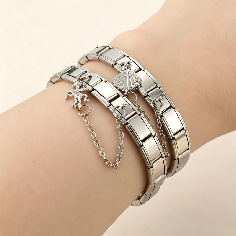 Peach Shiny Zircon Horse Swan Tassel Chain Italian Charm Links Fit 9mm Stainless Steel Bracelet Women Jewelry DIYMaking Gift Qme