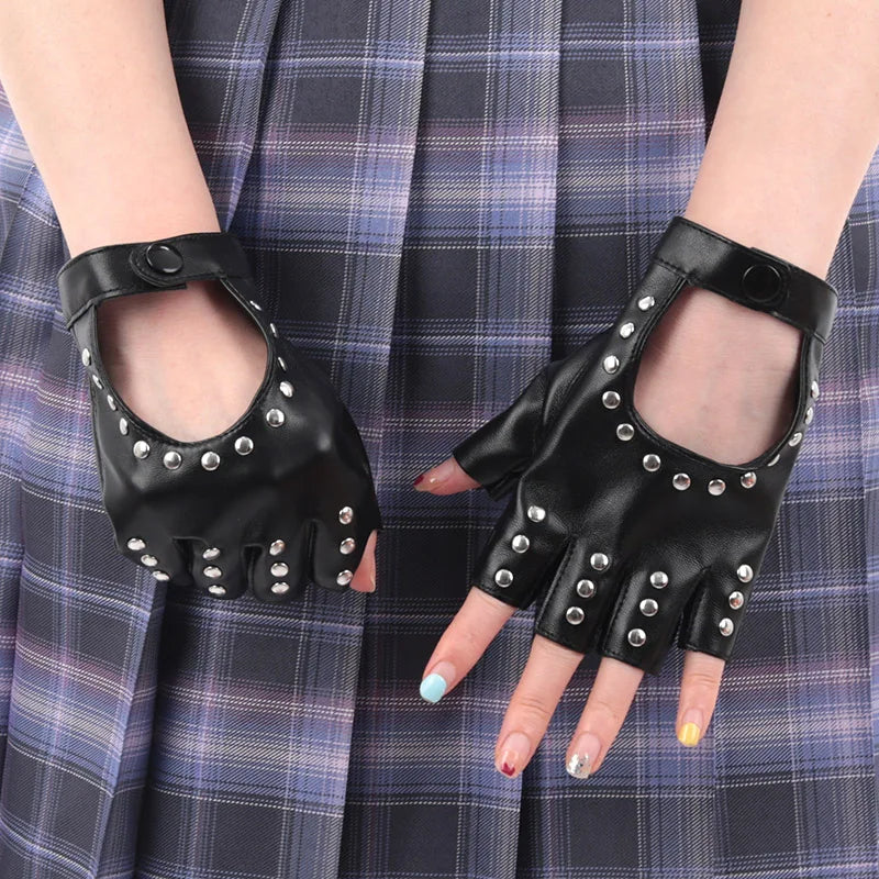 Black Gothic Rivets Fingerless Gloves Semi-fingers Breathable Driving Qme