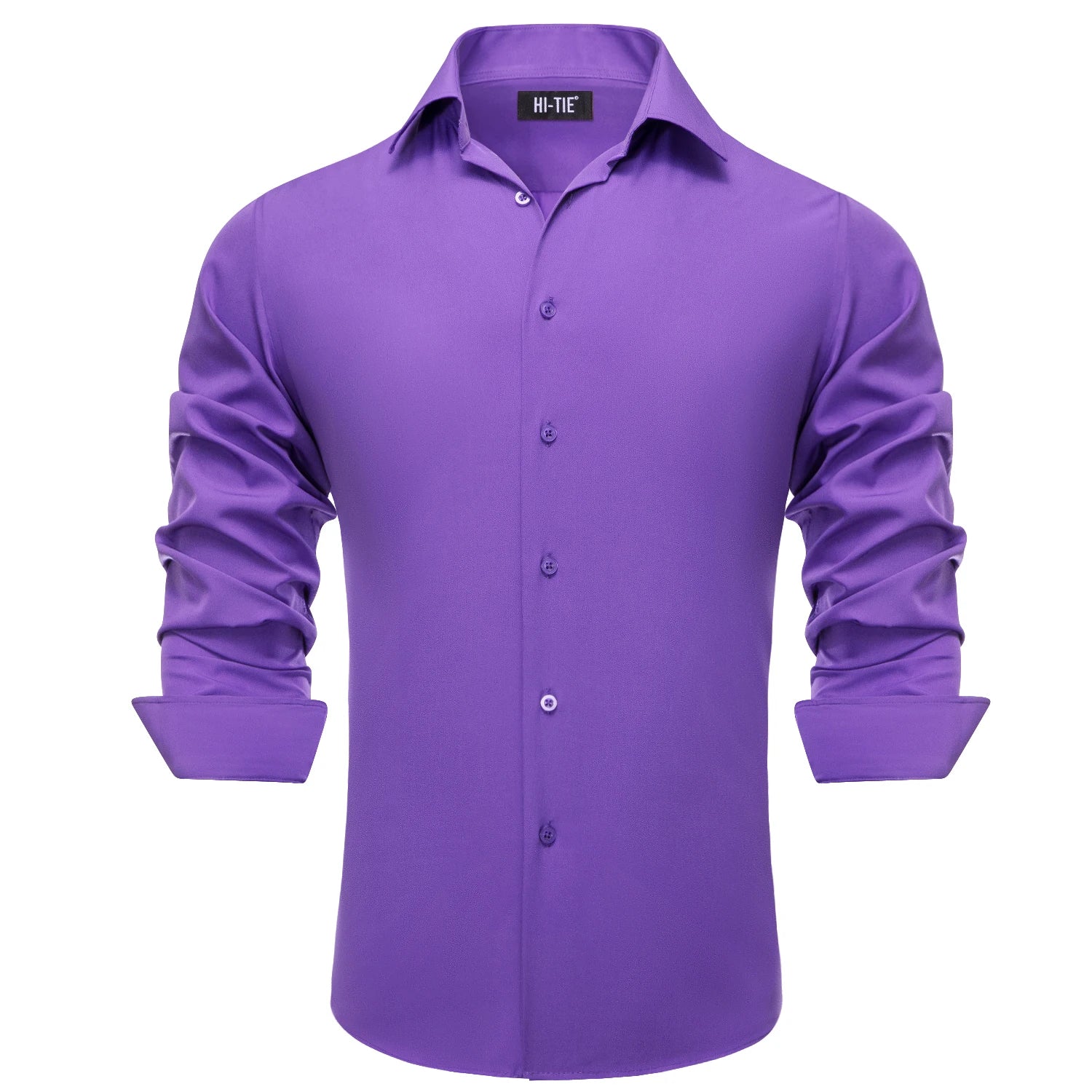 Hi-Tie Jacquard Solid Black Purple Mens Silk Shirt Long Sleeve Lapel Shirt Blouse Outerwear Wedding Office Breathable Quality Qme