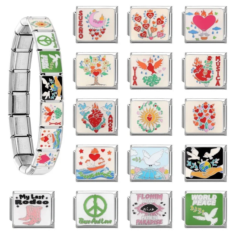 2026 New Wholesale World Peace Dove Love Heart Birds Italian Charm Fit 9mm Stainless Steel Bracelet Making Women Jewelry Gift s Qme