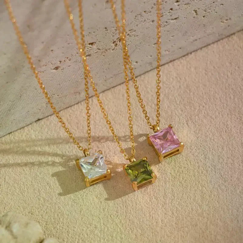 Minimalist Stainless Steel Pendant Necklace Square Colorful Zircon Jewelry for Work Business Casual Outfit Qme