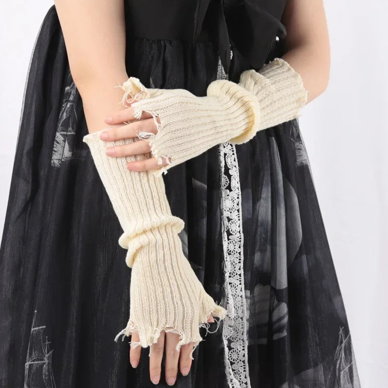 1Pair Punk Broken Unisex Gloves Knitted Ripped Oversleeves Warm Arm Qme Beige Length-33cm