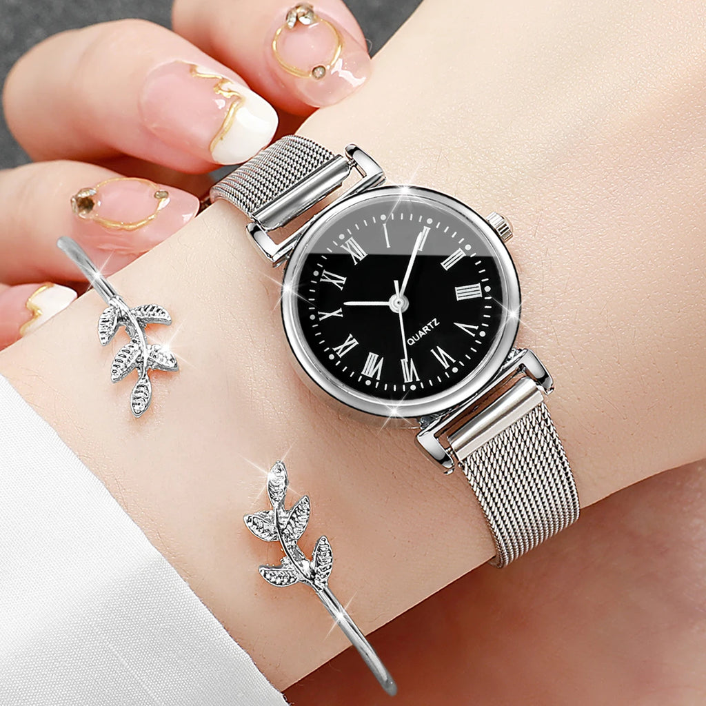 2-piece ins compact and minimalist metal mesh strap quartz women's watch leaf bracelet women's watch case Qme