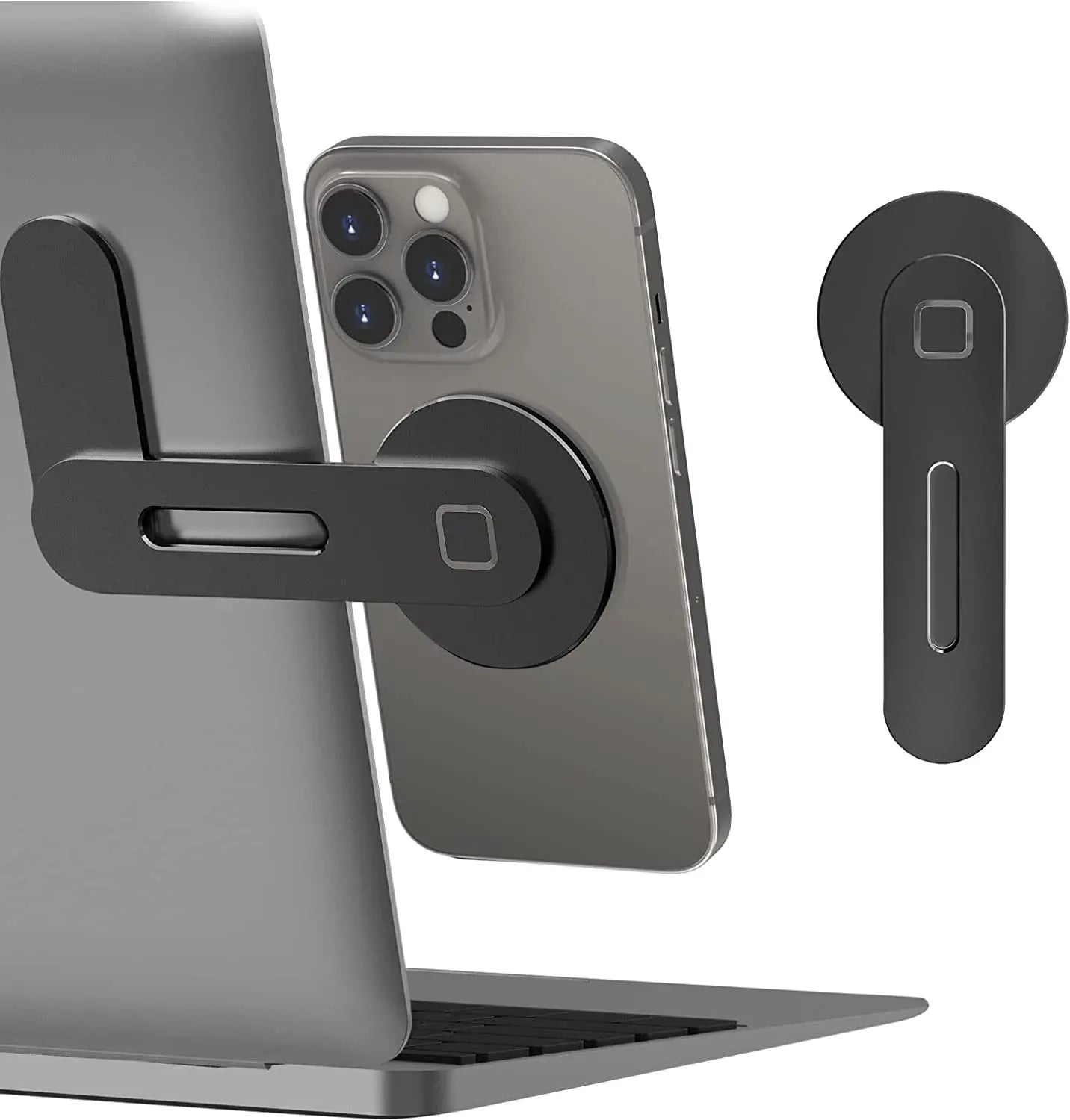 Magnetic Laptop Phone Holder Computer Monitor Side Cell Phone Slim& Foldable For iPhone 14/13/12 Series Case and All Phone Qme black