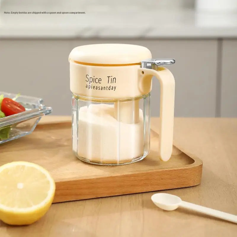 Glass Spice Jar Built-in Spoon Handle Airtight Seasoning Container Qme A