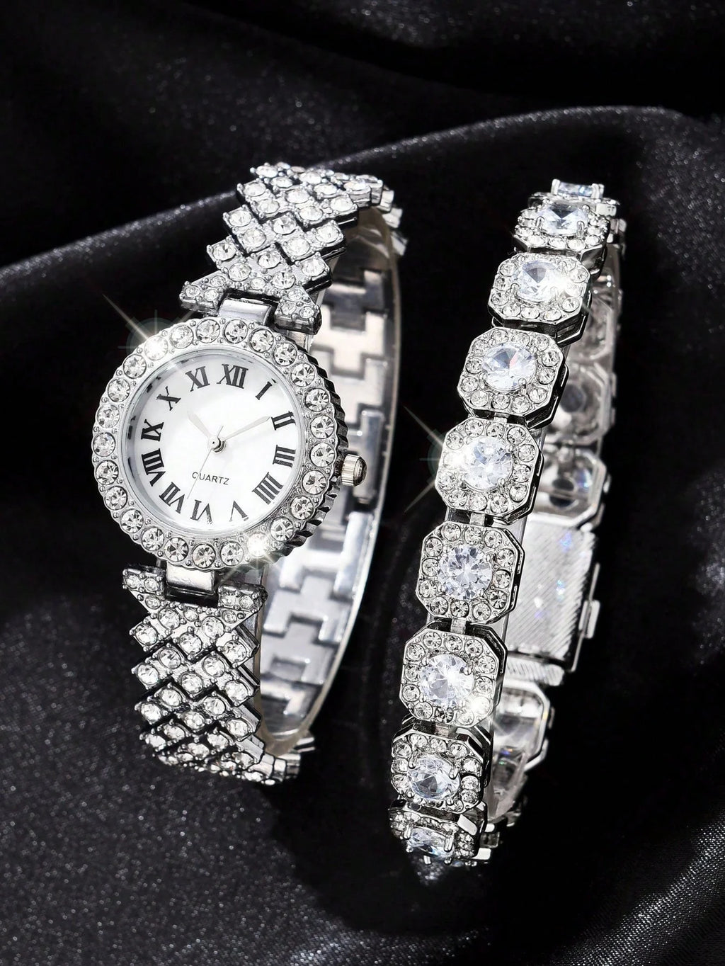 2-piece luxury fashion bracelet watch set with diamonds for women, quartz wrist watch set Qme Silver No