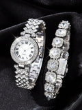 2-piece luxury fashion bracelet watch set with diamonds for women, quartz wrist watch set Qme Silver No