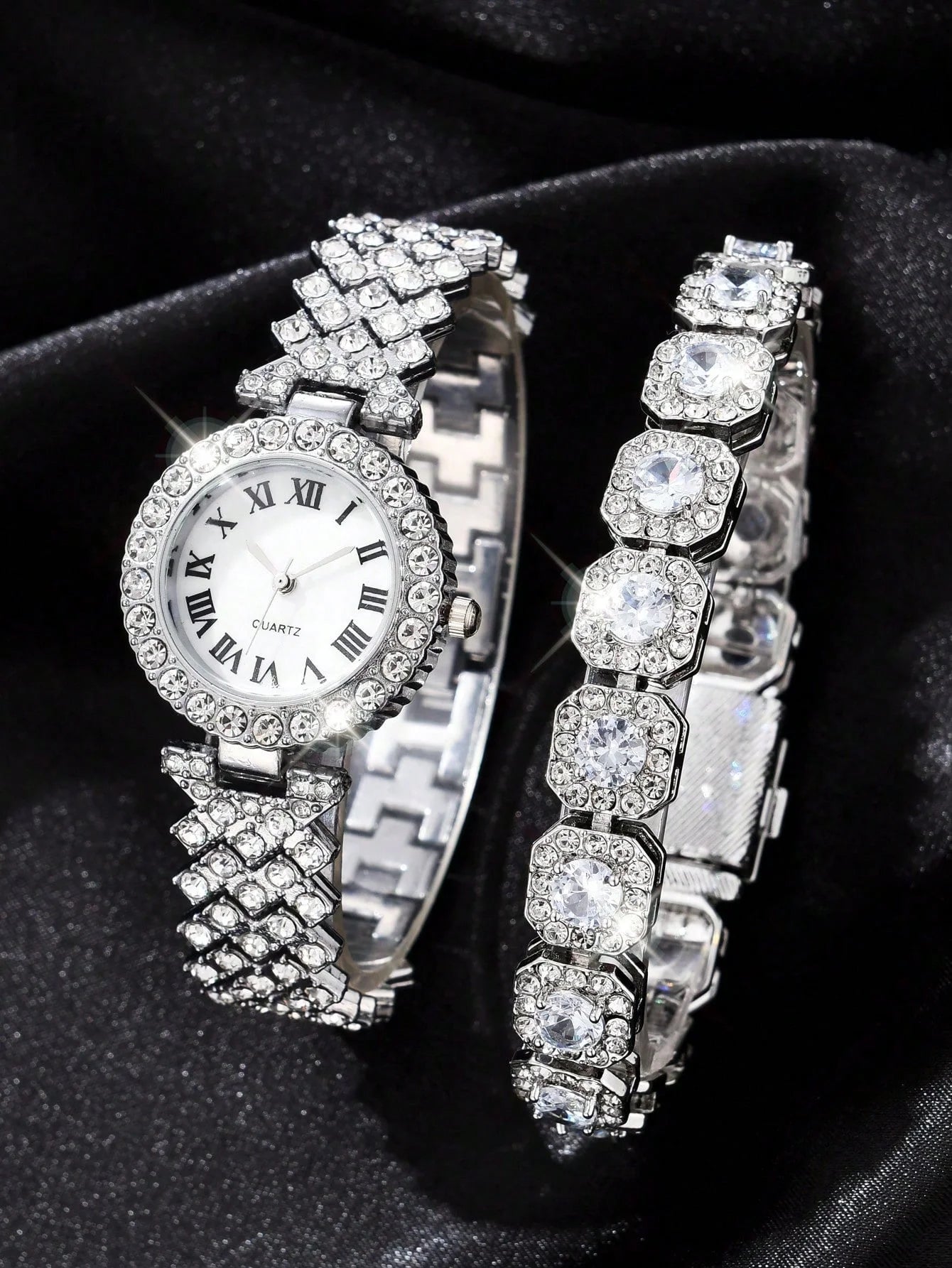 2-piece luxury fashion bracelet watch set with diamonds for women, quartz wrist watch set Qme Silver No
