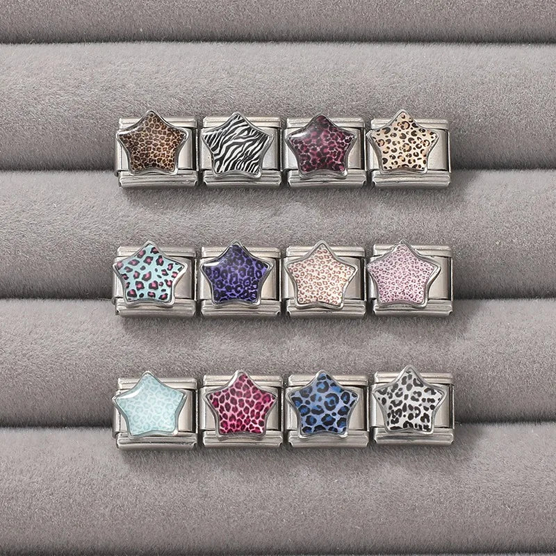 Trendy Zebra Pattern Star Leopard Print Purple Italian Charm Links Fit 9mm Stainless Steel Modular Bracelet DIY Making Jewelrys Qme