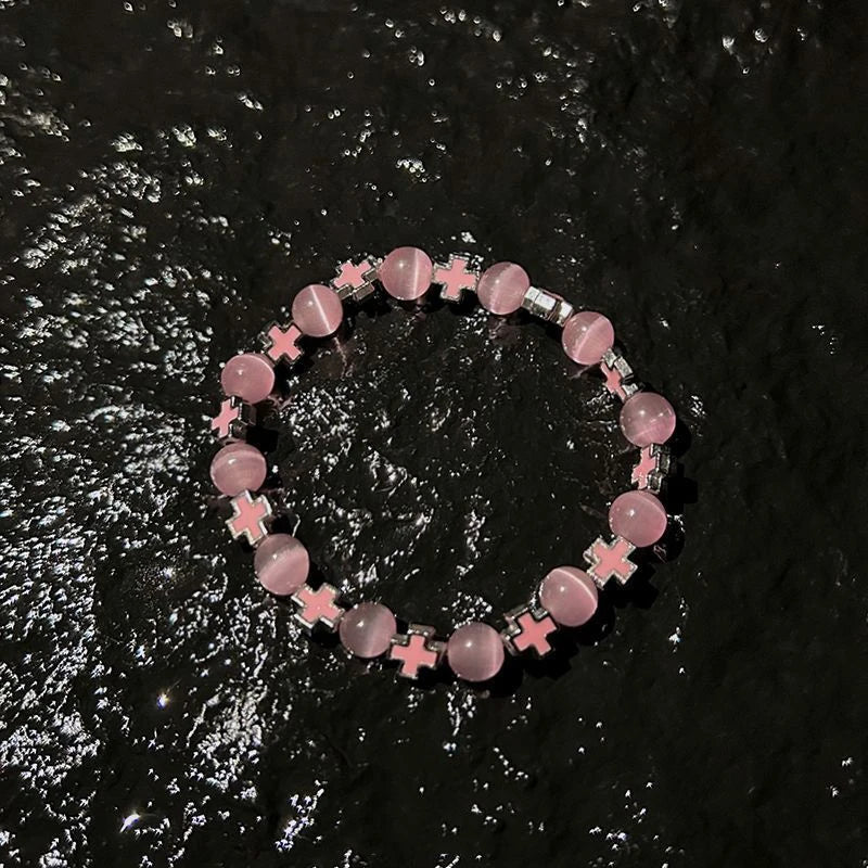 Fashion Cross Beaded Bracelets For Women Men Ins Style Cat's Eye Stone Couples Bracelets Qme A4