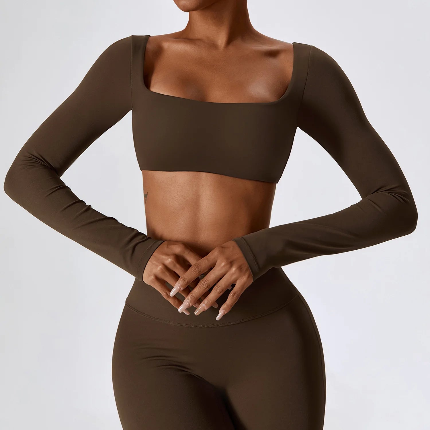 A Summer Casual Quick Dry Sportswear Women Square Neck Gym Top Women Fitness Sports Crop Top Long Sleeve Yoga Clothing Qme Burnt tea coffee XL
