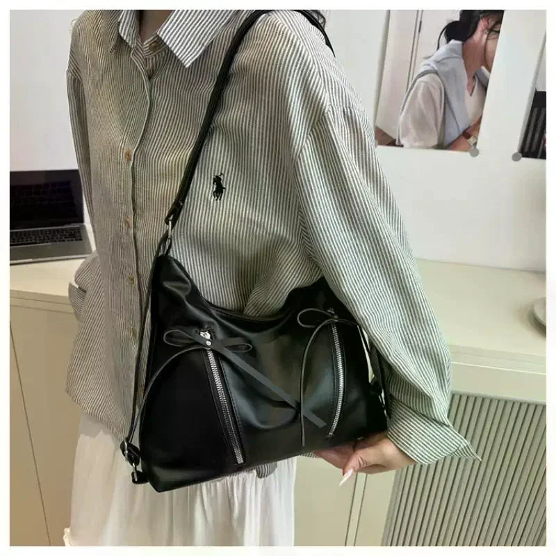 Retro Large Capacity Soft Leather Tote Bag with Knot - Casual Double Shoulder Bag Trendy Sle Women Handbag for Work Qme
