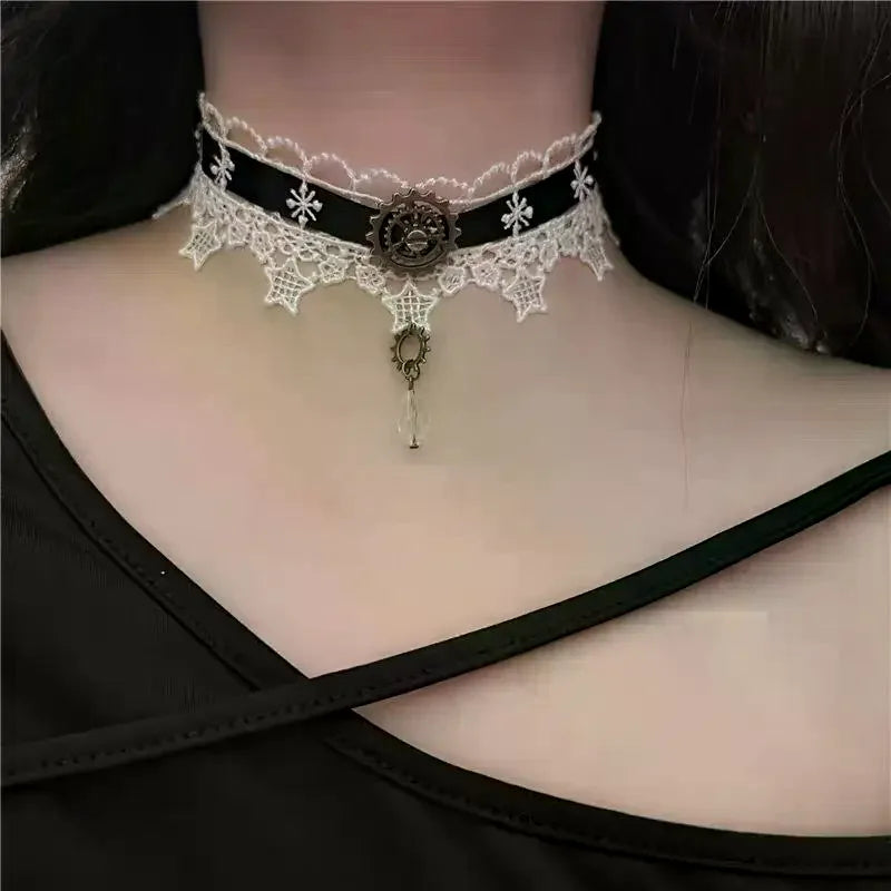 Gothic Punk Steampunk Necklace Christmas Ribbon Lace Choker Collar Necklace Qme