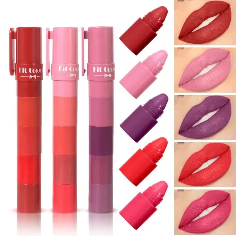5 Colors in 1 Lipstick Crayon Set Matte Lipstick Pencil Kit Combo Velvet Red Lip Tint Non-stick Cup Multicolour Lipstick Makeup Qme
