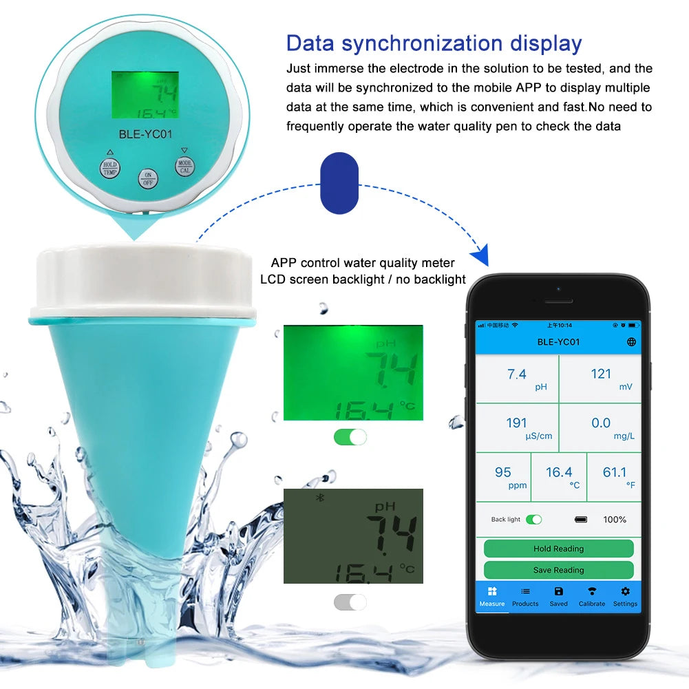 6-in-1 Residual Chlorine Monitor PH/ORP/EC/TDS Water Quality Tester Backlit LCD Display Smart Equipment Bluetooth-compatible Qme
