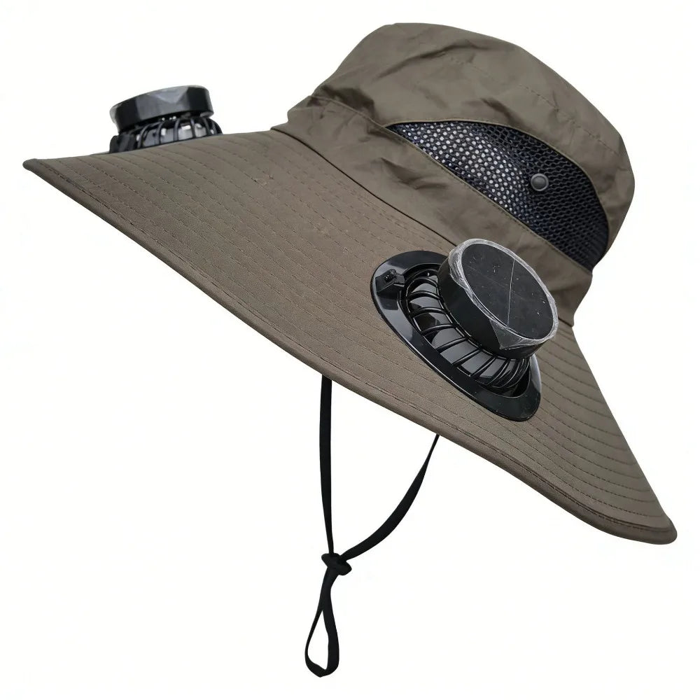 Convenient Dual Fan Solar Hat Breathable 3 Speeds Summer Visor Cap Qme Dark Green Round
