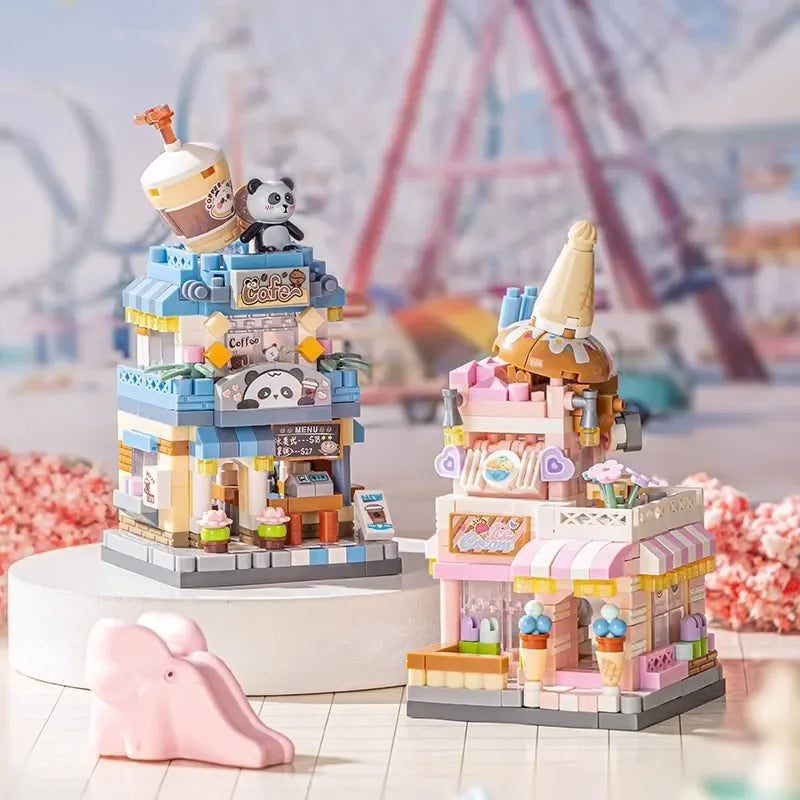 Restaurant Dessert Coffee Pet Fruit Store Street View Food House Building Blocks Kit Girls Bricks Model Kids Boy Toy Child Gifts Qme