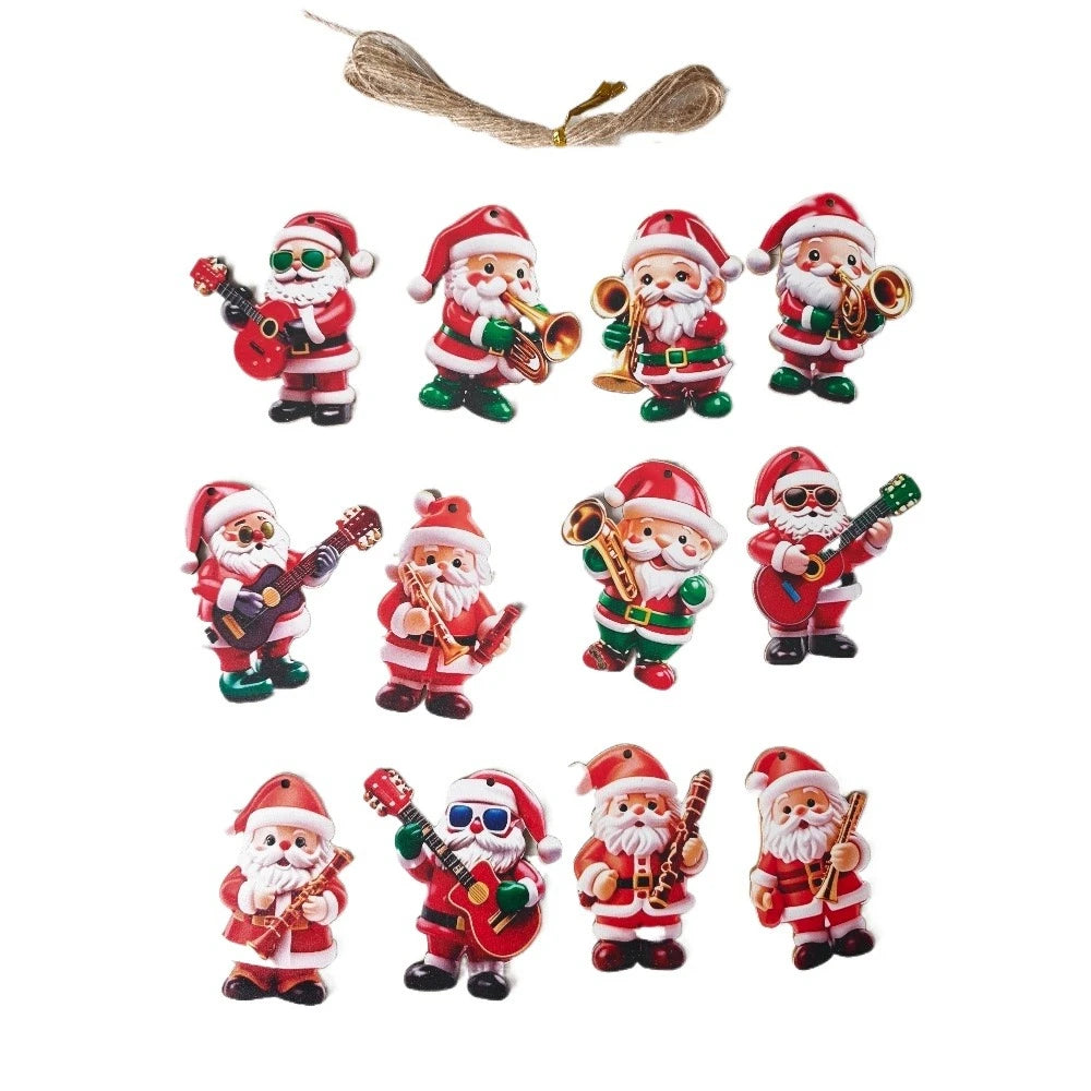 Vintage Wooden Santa Claus 2D Flat Christmas Tree Decorations Cute Qme 12Pcs Set