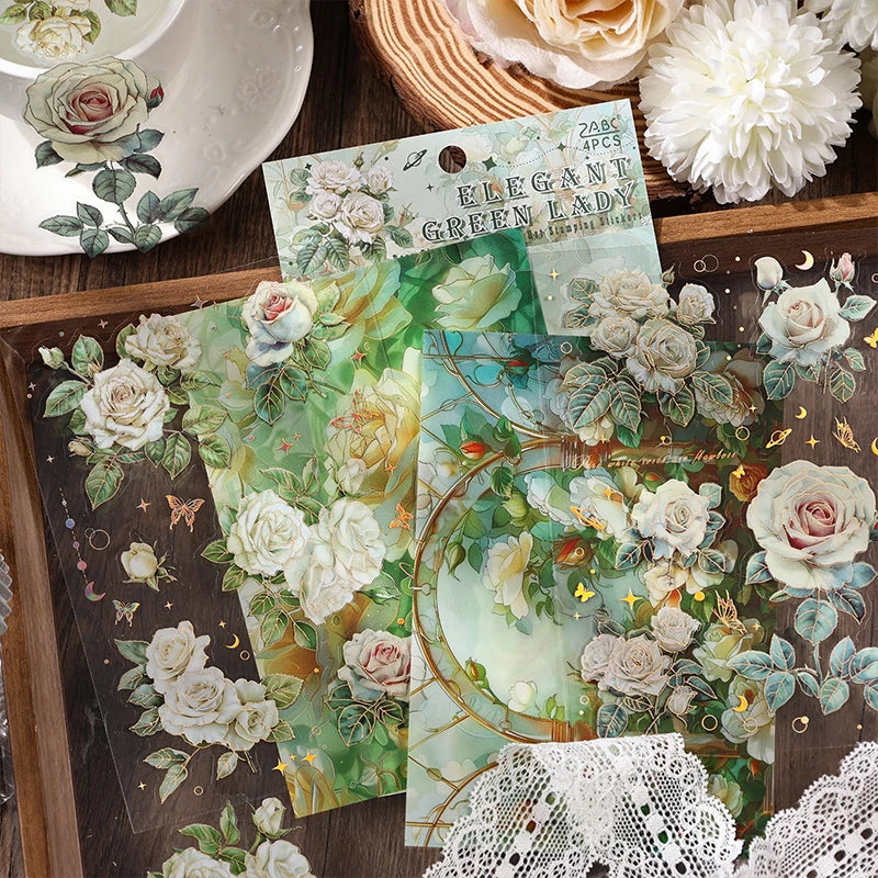 4pcs/pack Large size Aesthetic Flowers PET Stickers Shell Light DIY Scrapbooking Decor Stationery Collage Junk Journal Supplies Qme