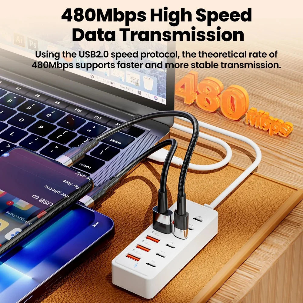12-in-1 USB Splitter Socket 6USB+6PD Fast Charging Power Strip Desktop Charging Docking Station With 1m USB Cord for Home Office Qme