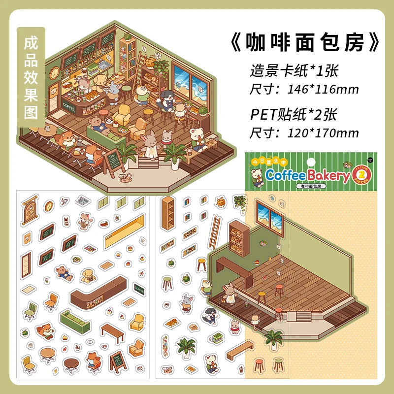 Cartoon 3D Landscaping Scrapbooking Stickers Miniature Scene DIY Cabin Scene Stacking and Pasting Hand Account Gift for Kid Qme C3