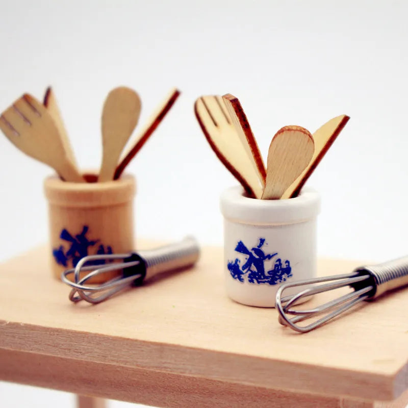 Miniature Dollhouse Kitchen Tools Wooden Spatula Knife Fork Egg Qme