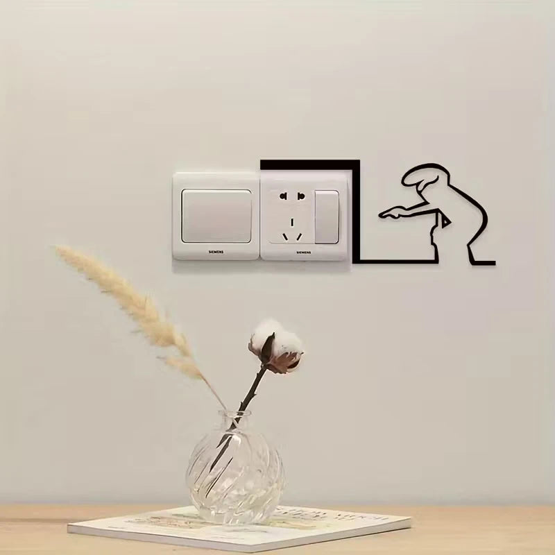 Cartoon Character Power Switch Decal Line Drawing Design Wall Decor Qme