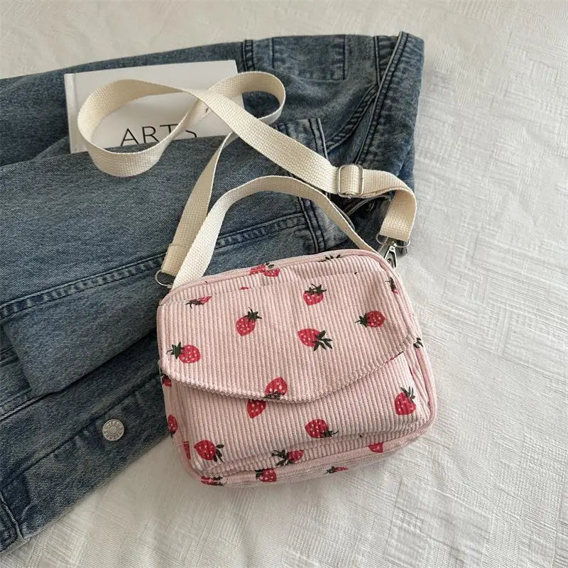 Strawberry Pattern Messenger Bags Corduroy Women's Small Shoulder Bag Teenager Girl Crossbody Bag Cute Tote Student Square Bag Qme A1
