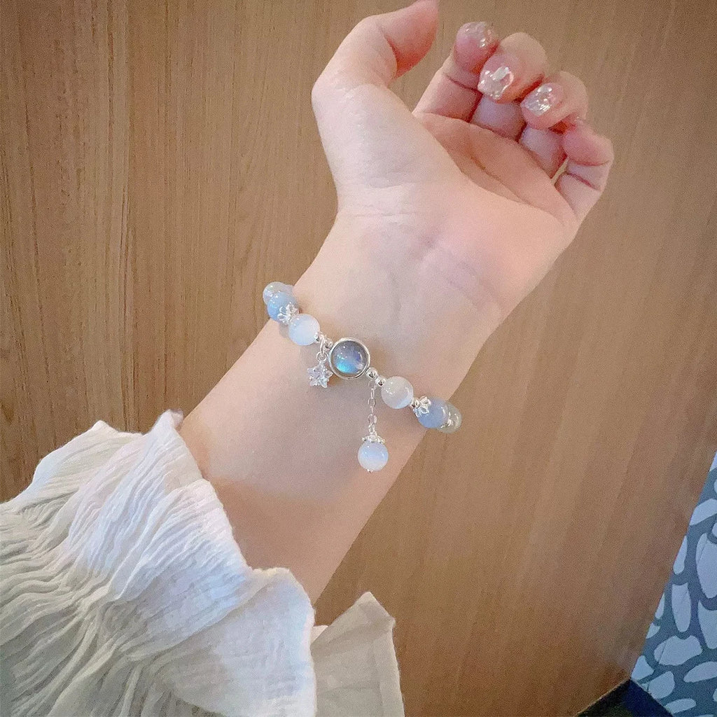 Unique Dreamy Blue Moonstone Cat Eye Pendant Crystal Bead Bracelet Qme