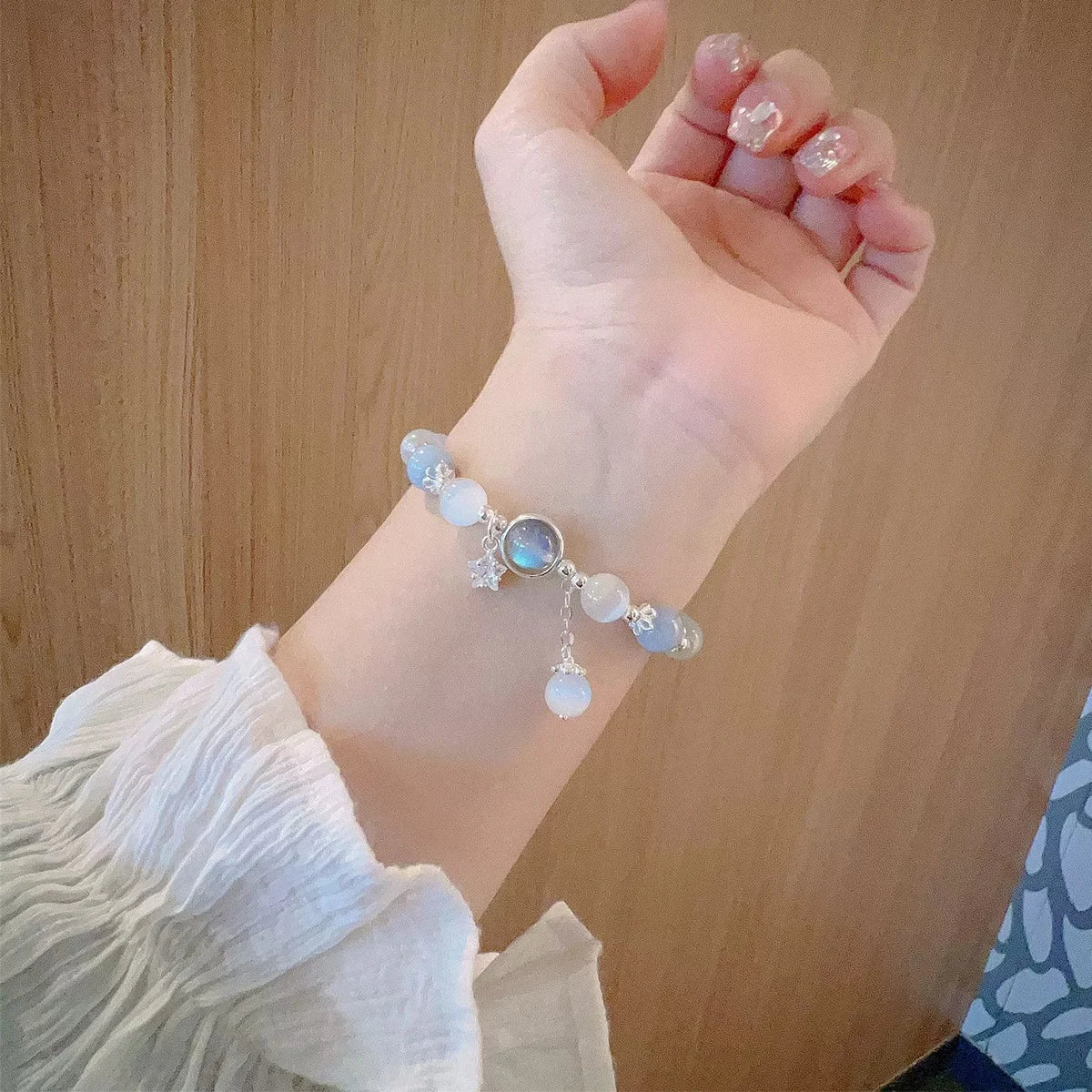 Unique Dreamy Blue Moonstone Cat Eye Pendant Crystal Bead Bracelet Qme
