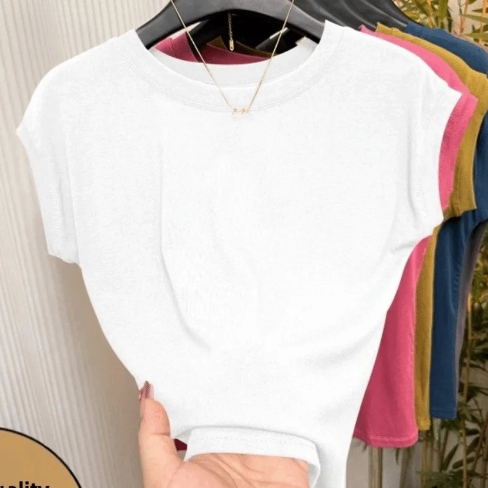 Korean Style Round Neck Women T Shirt Solid Color Breathable Short Sleeved T Shirt Slim Fit Stretchy Thin Base Top Summer Qme