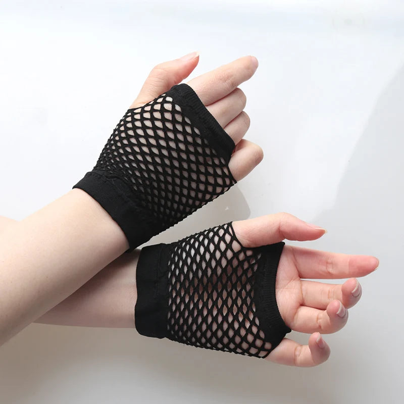2 Pair Black Ladies Sexy Gloves Mesh Net Fishnet Hollow Fingerless Qme B