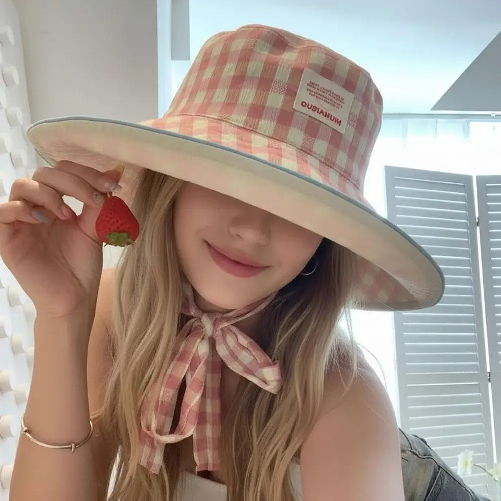 Women Girl Fisherman Hat Double Sided Sun Korean Ins Plaid Tie Strap Qme