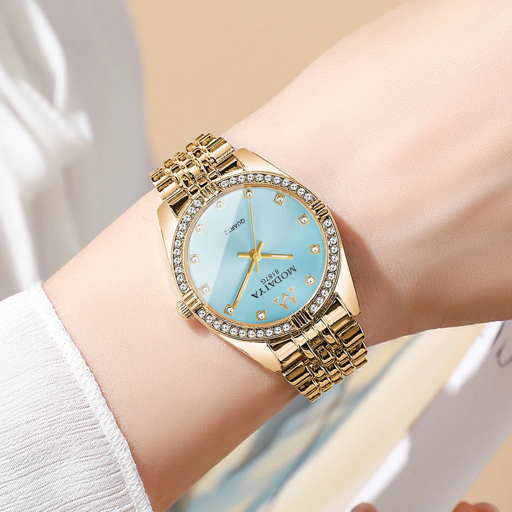 Luxury Women's Quartz Watch, Rose Gold Tone with Crystal Bezel, Light Blue Dial, Elegant Style Qme