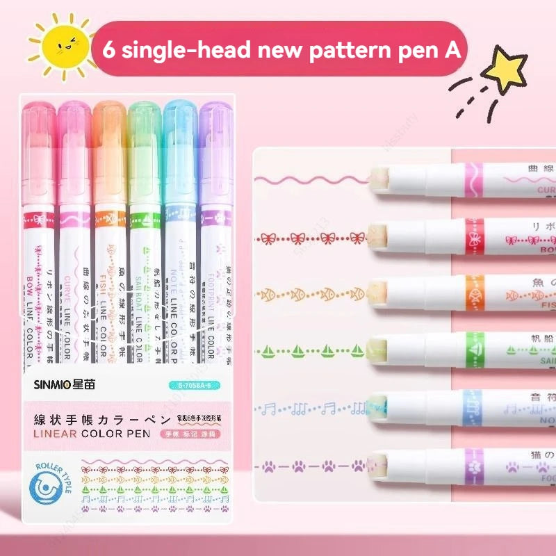 6-24pcs/set Flower Line Shape Highlighter Pen Roller Tip Curve Liner Marker Kawaii Stationery School Office Supplies Qme pink