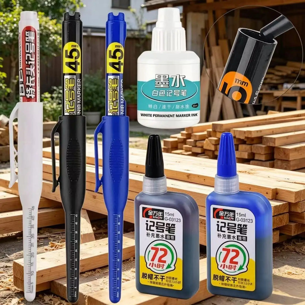 Black/Blue/white Ink 45mm Waterproof Deep Hole Marker Pens Long Nib Head Carpenter Pen for Multi-Purpose Woodworking Hand Tools Qme