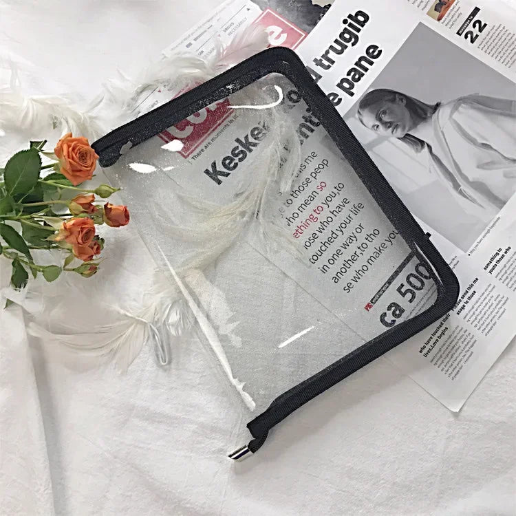 A5 Transparent Glitter PVC File Bag Student Stationery Storage Ins Color Wrapped Zipper Bag Simple Plastic Material Storage Bag Qme Black
