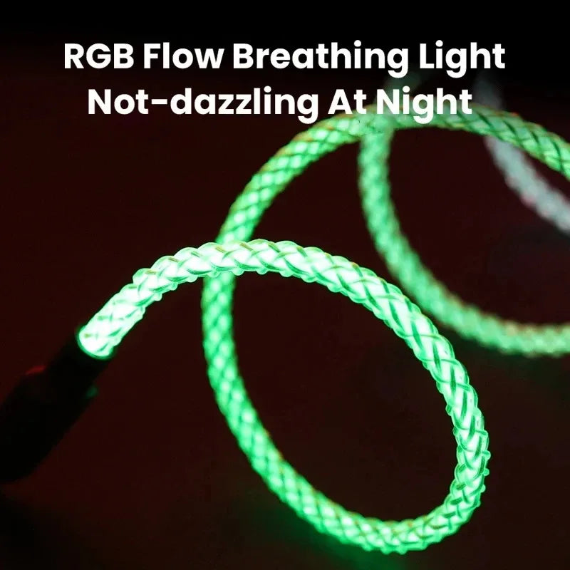 RGB Flowing LED Data Cable Breathing Gradient PD66W for iPhone Samsung Huawei Dual Type C Android Fast Charging Cord Qme