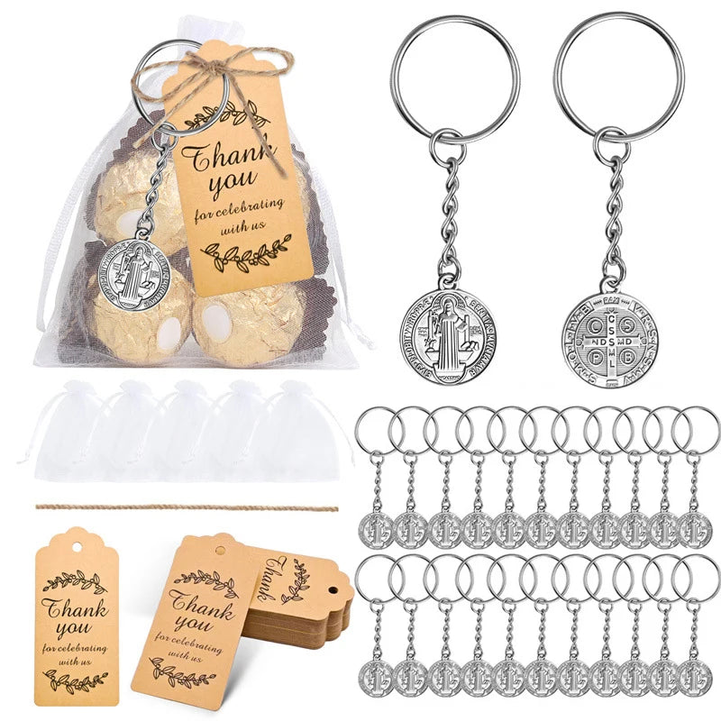 Baptism Key Ring Double Sided St Benedict Medal Keychain Organza Bags Qme