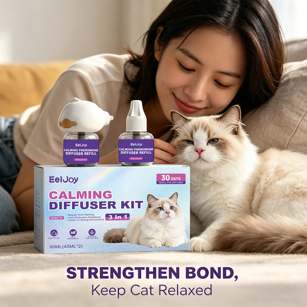 Cat Calming Pheromone Diffuser Kit Anxiety Relief Reduce Scratching Behavior Adapt Environment 3-in-1 Plug-In Calming Diffuser Qme