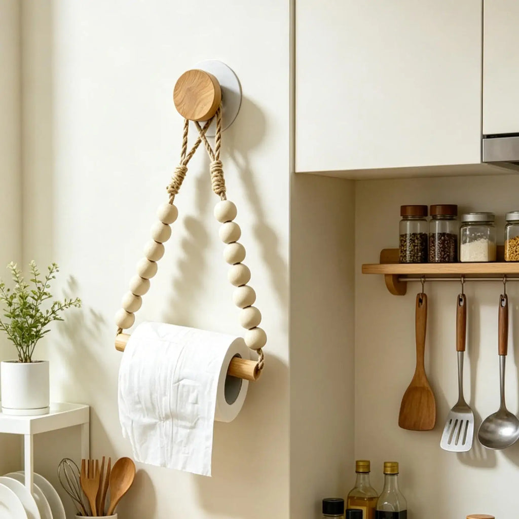 Wood Toilet Paper Holder Natural Wall Mounted Wooden Bead Stand Roll Qme