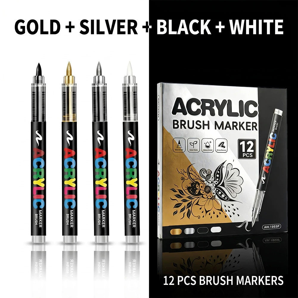 12 Colors Acrylic Paint Pen Set Black/White/Gold/Silver Acrylic Highlights Markers Brush Tip Markers for Wood Rock Painting Gift Qme 12 pcs mix set