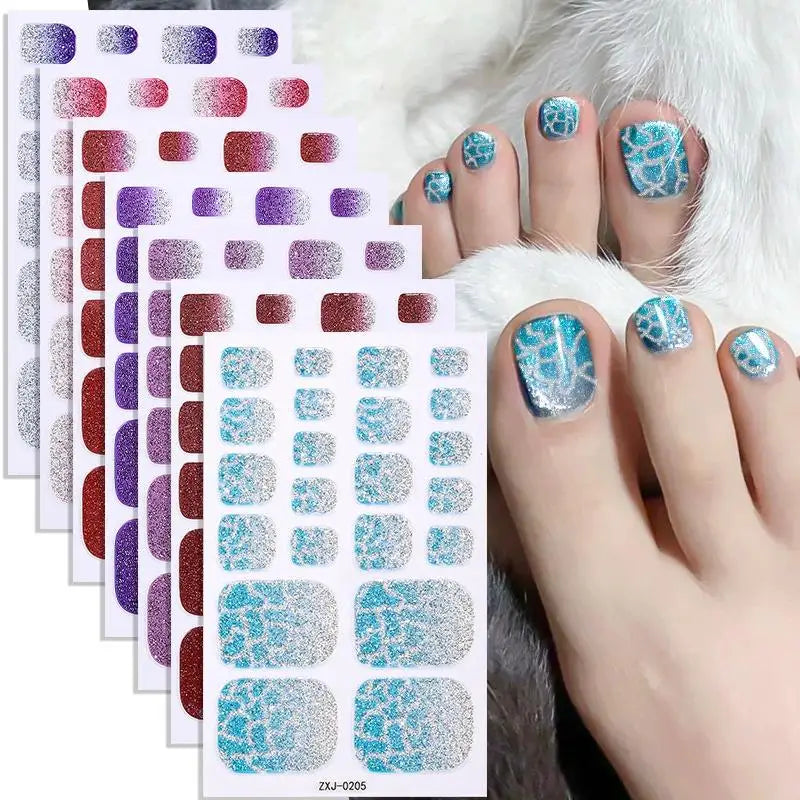 Toe Nail Stickers Full Wraps Gradient Glitter Toenail Polish Strips Qme