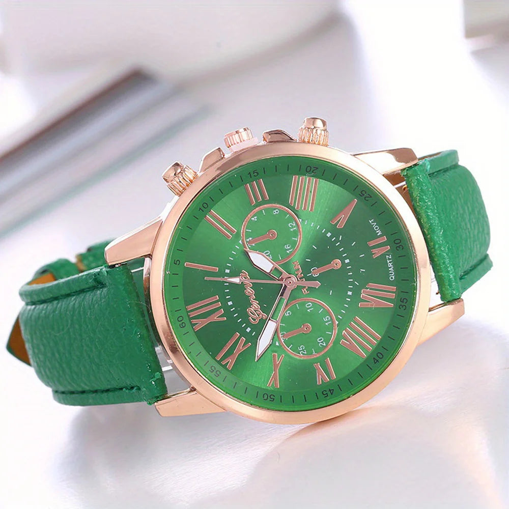 Elegant Women's Quartz Watch with Roman Numerals and Pointer Qme green