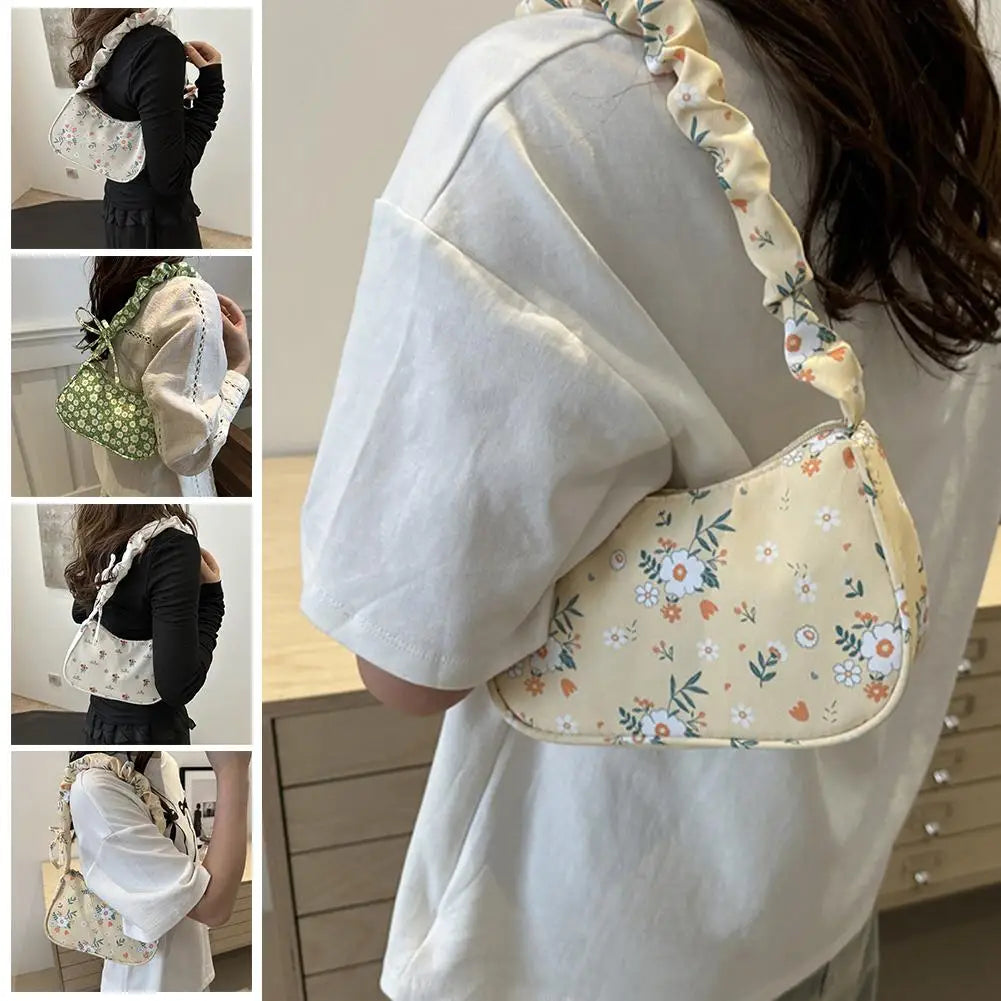 Women Small Underarm Bag Corduroy Handbag Cute Strawberry Print Little Tote Half Moon Design Mini Shoulder Bags Purse Qme
