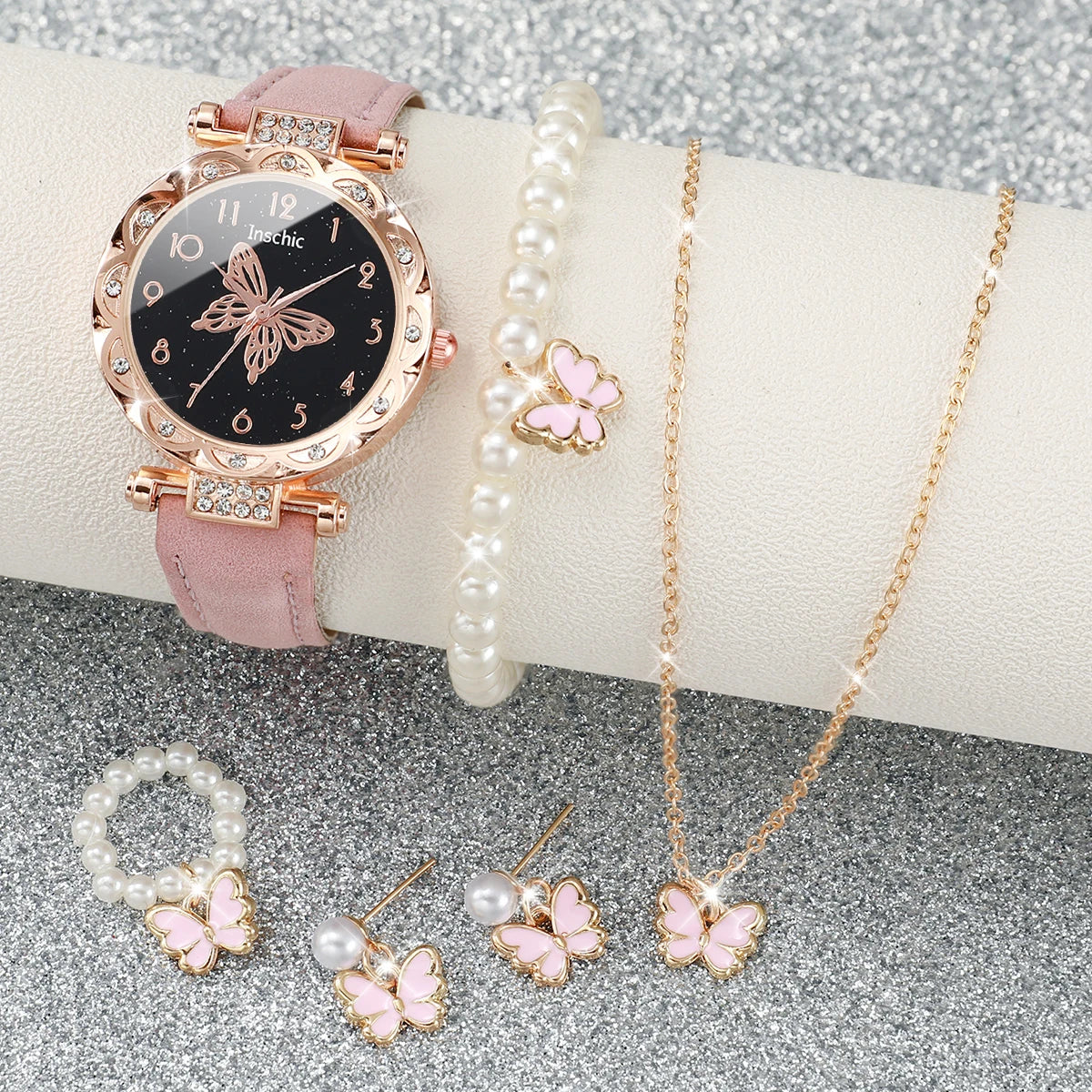 Women's Watch with Rhinestone Butterfly Dial, Leather Bracelet, Quartz Watches, Jewelry Set Without Box, Fashion, 6pcs Qme
