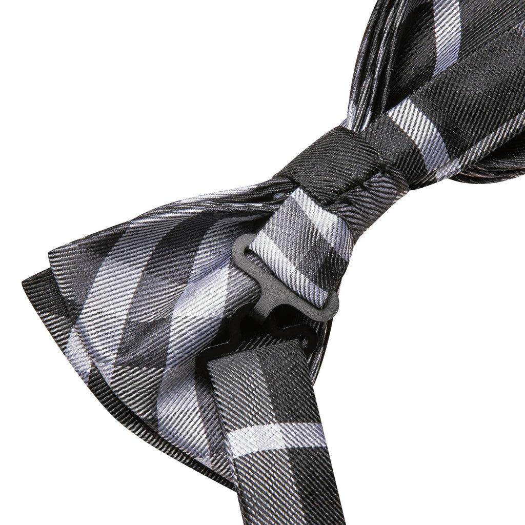 Hi-tie Grey Plaid Jacquard Pre-tied Mens Bow Tie Hanky Cufflinks Qme
