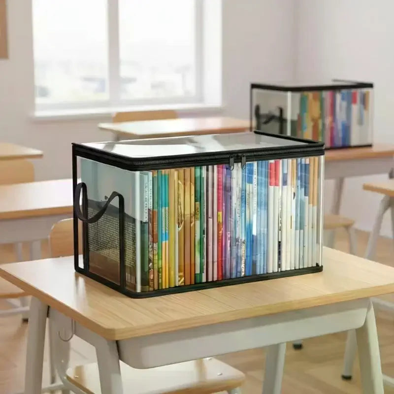 Transparent Plastic Book Storage Box Large Capacity Foldable Space-Saving Organizer For Home Office Storage Bookshelf Container Qme
